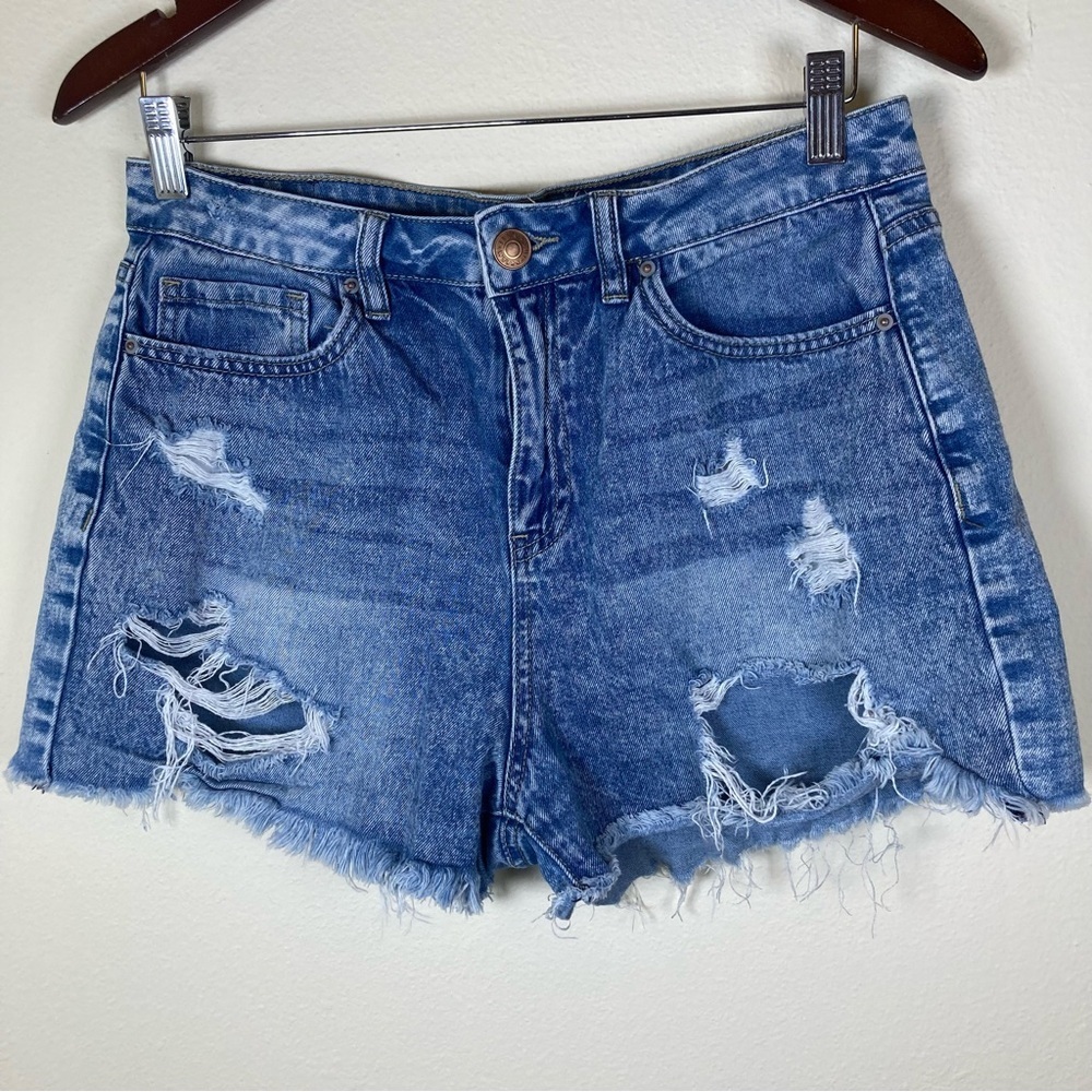 YMI Dream Jean High Rise Distressed Denim Shorts Frayed Hem Size 13 Approx
